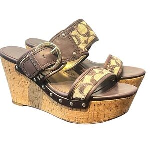 Coach Brown and White Signature C Logo Cortnee Wedge Sandal Size 8